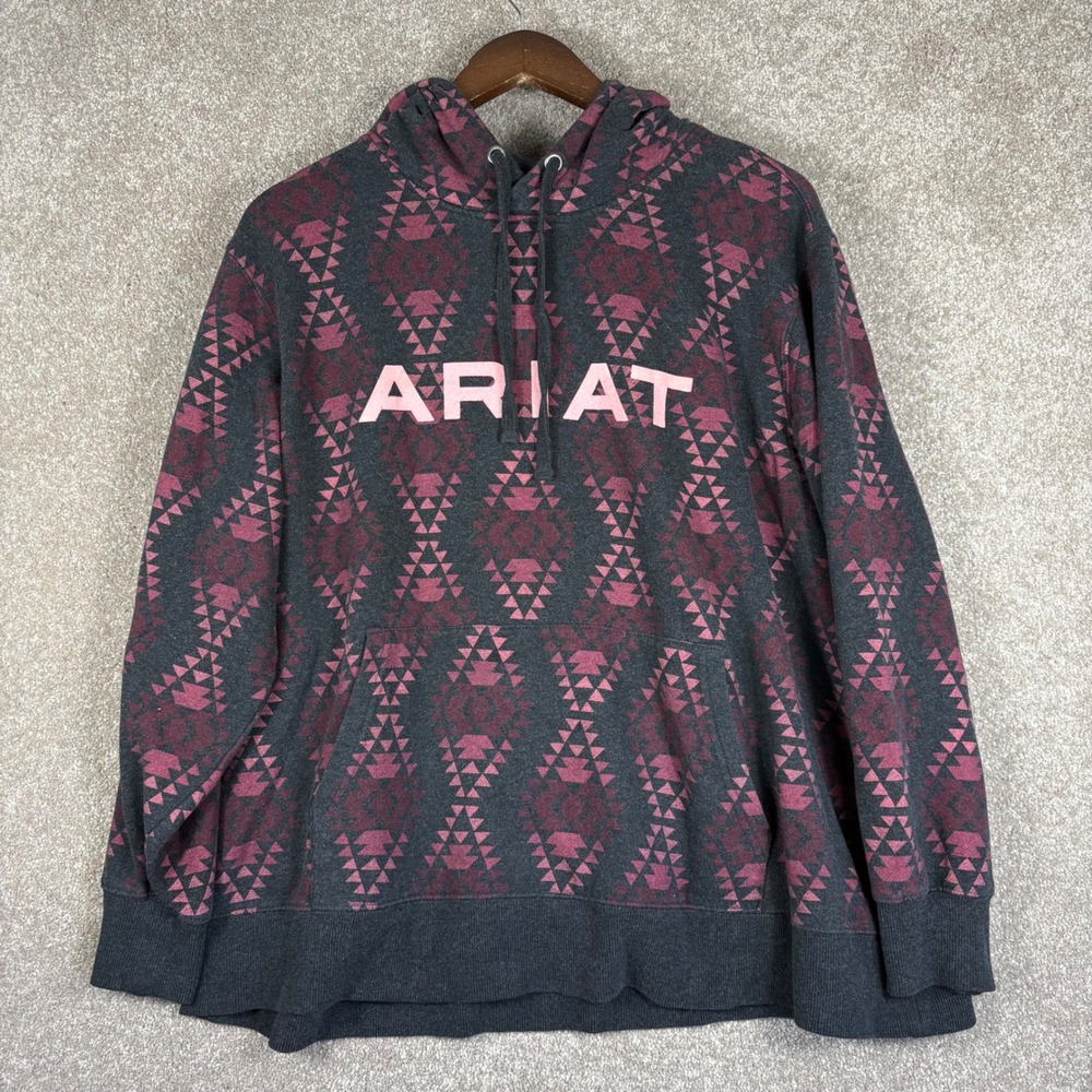 Ariat REAL Womens 2X Hoodie Southwestern Geometric Logo Sweatshirt Gray Burgundy